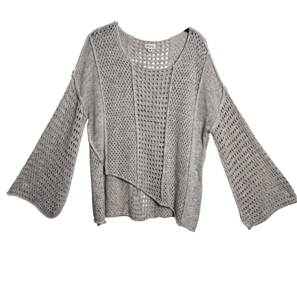 POL Womens Multi Color Open Knit Asymmetric Hem Bell Sleeve Boho Sweater M 403
